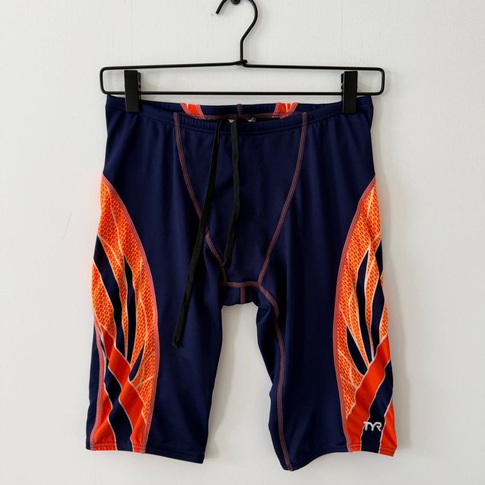 TYR Mens Jammer Swim Shorts Size 32 Navy Blue Orange Graphic Performance Trunks